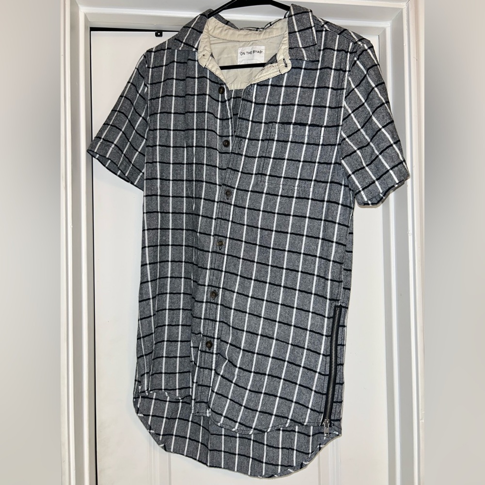 Black, White, and Grey Plaid Collared Dress with Side Zippers